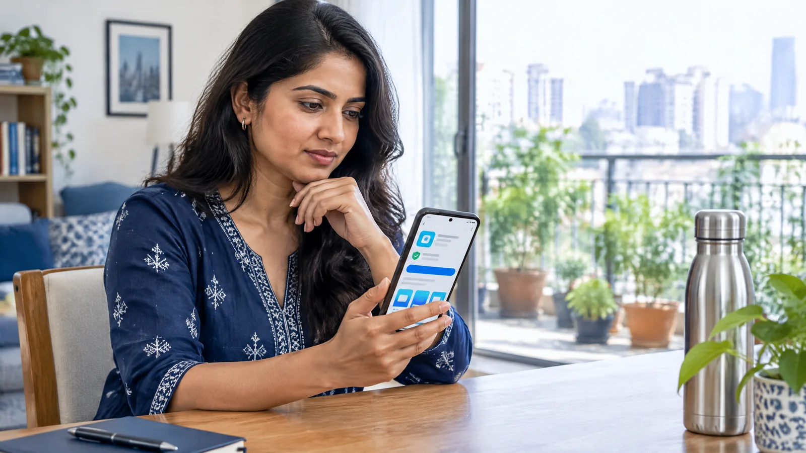 Indian app user carefully checking a publisher and store listing on her phone before installing